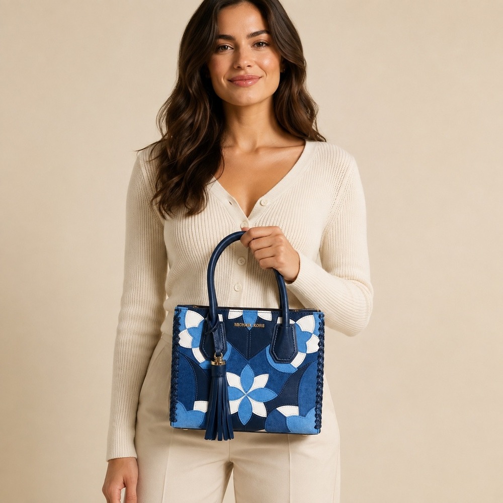 Michael Kors Mercer Gallery Women Blue Patchwork Floral Suede Leather Satchel